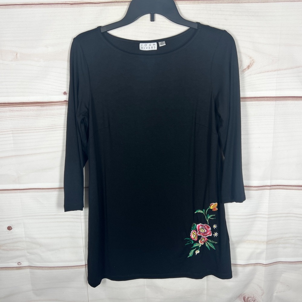 Joan Rivers Top Womens XS Black Floral Embroidered Tunic Blouse 3/4 Sleeve Knit